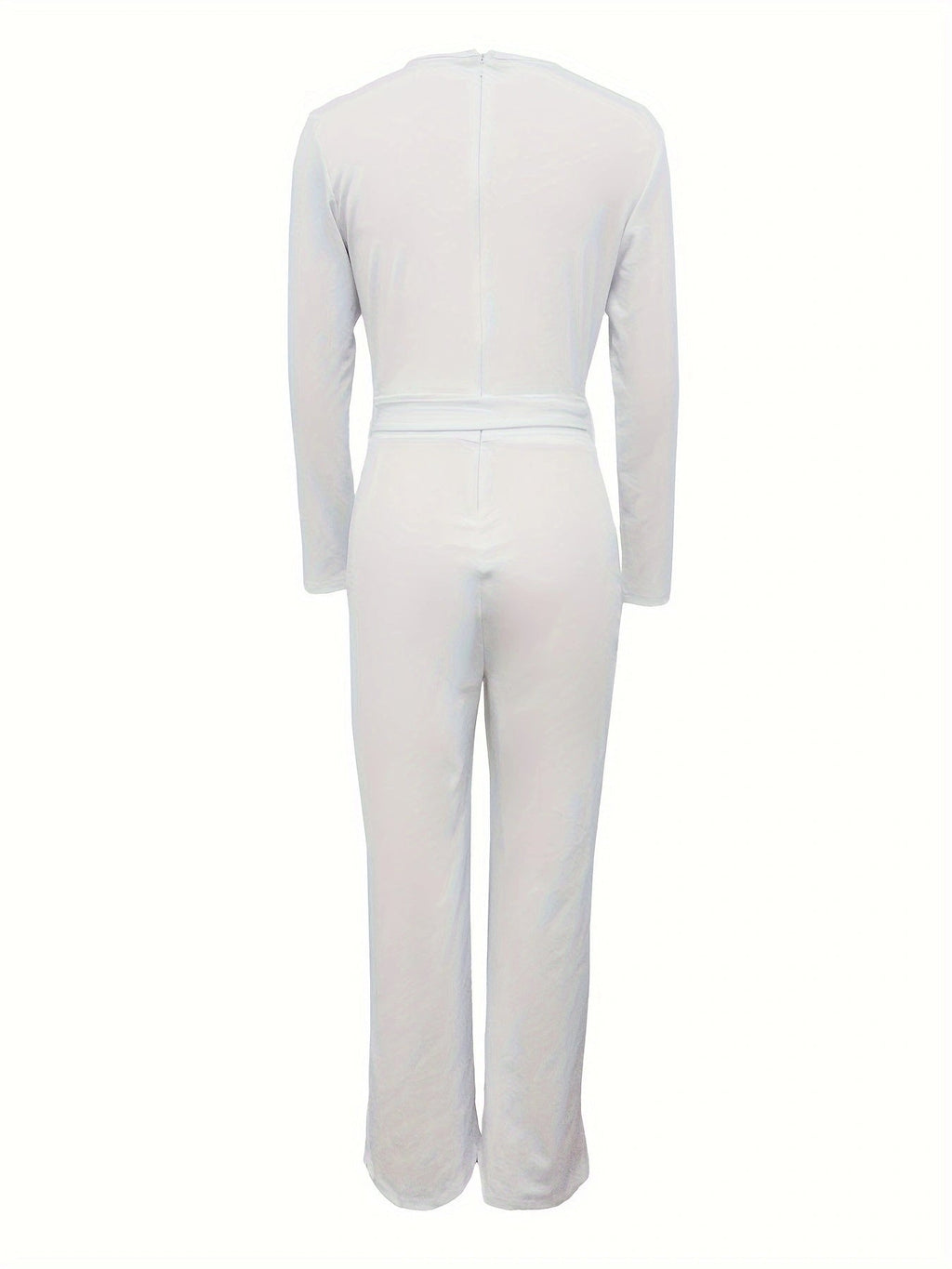 Women’s Solid Color Long Sleeved V-neck Bow Tie Design Slimming And Fashionable Jumpsuit - 5
