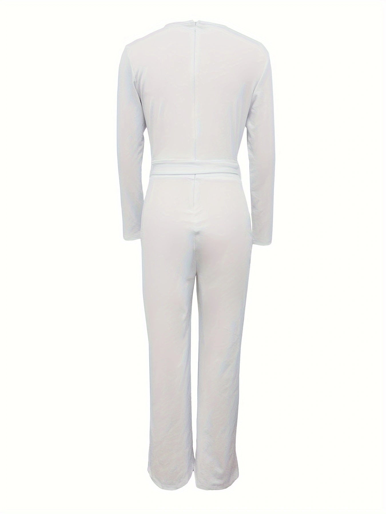 Women’s Solid Color Long Sleeved V-neck Bow Tie Design Slimming And Fashionable Jumpsuit - 5