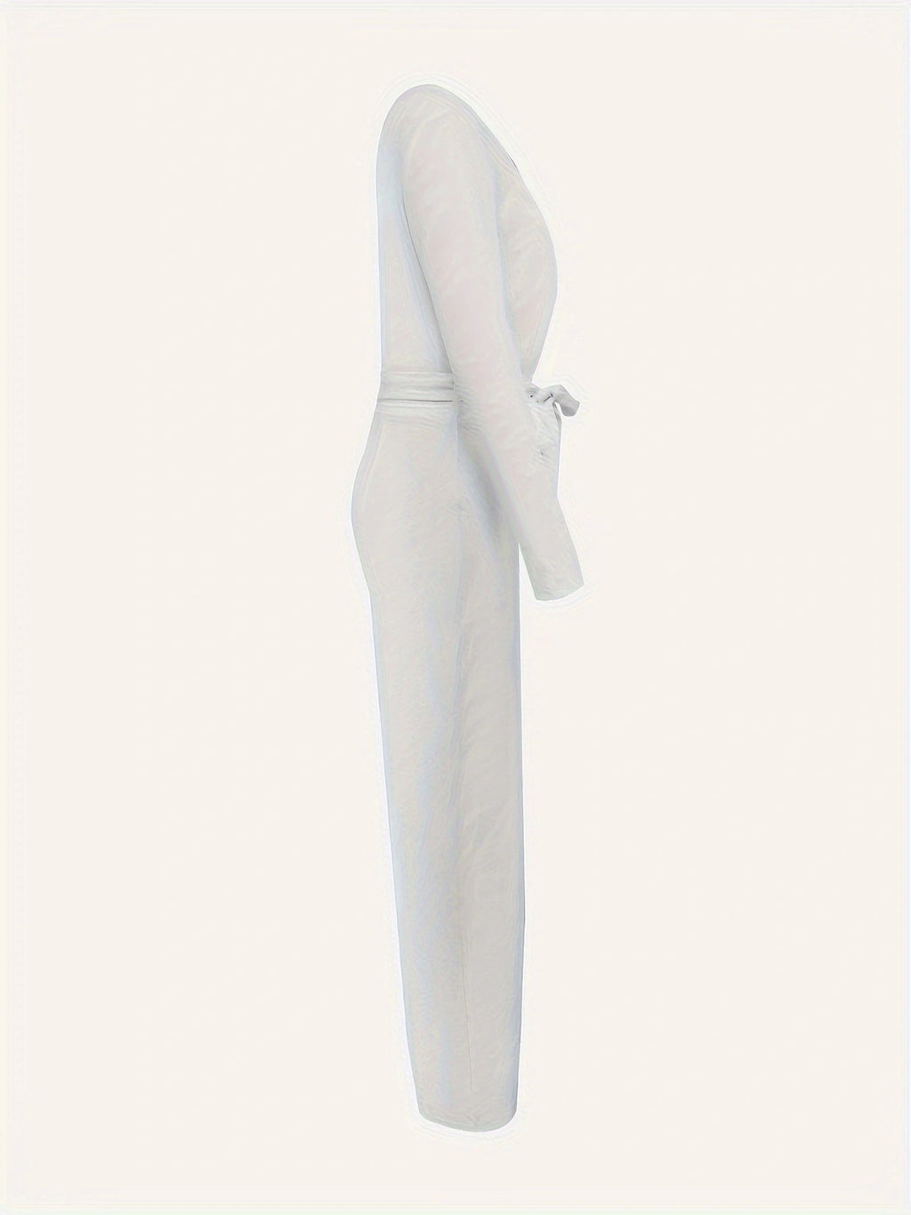 Women’s Solid Color Long Sleeved V-neck Bow Tie Design Slimming And Fashionable Jumpsuit - 5