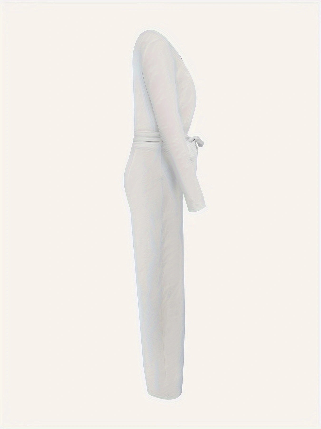 Women’s Solid Color Long Sleeved V-neck Bow Tie Design Slimming And Fashionable Jumpsuit - 5