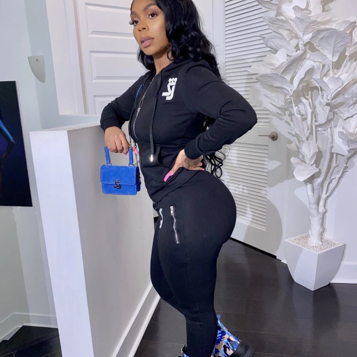 Hooded Casual Sports Sweater Suit Two-piece Set - Black / S