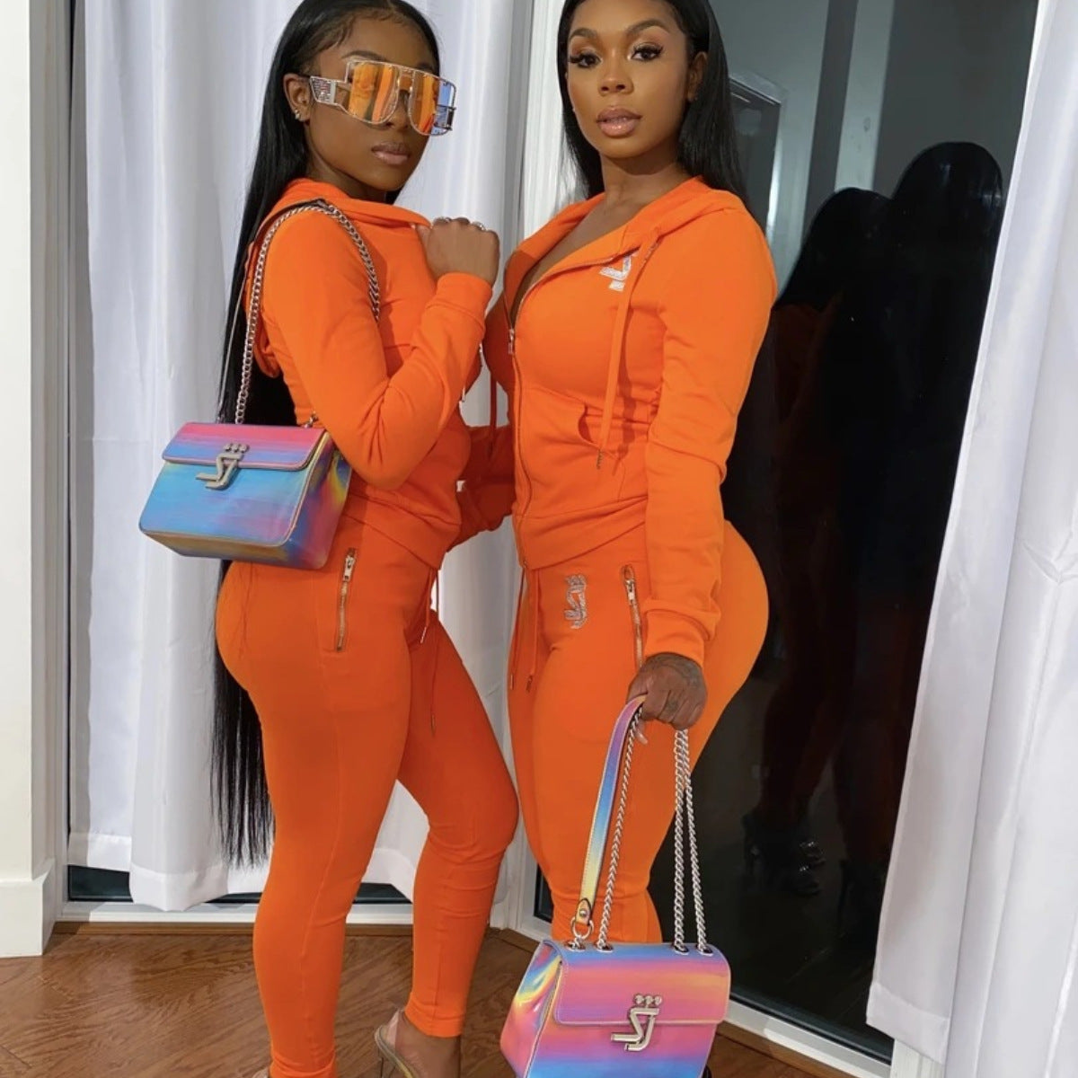 Hooded Casual Sports Sweater Suit Two-piece Set - Orange / S