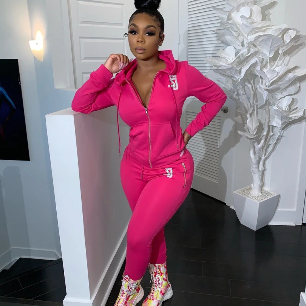 Hooded Casual Sports Sweater Suit Two-piece Set - Pink / S