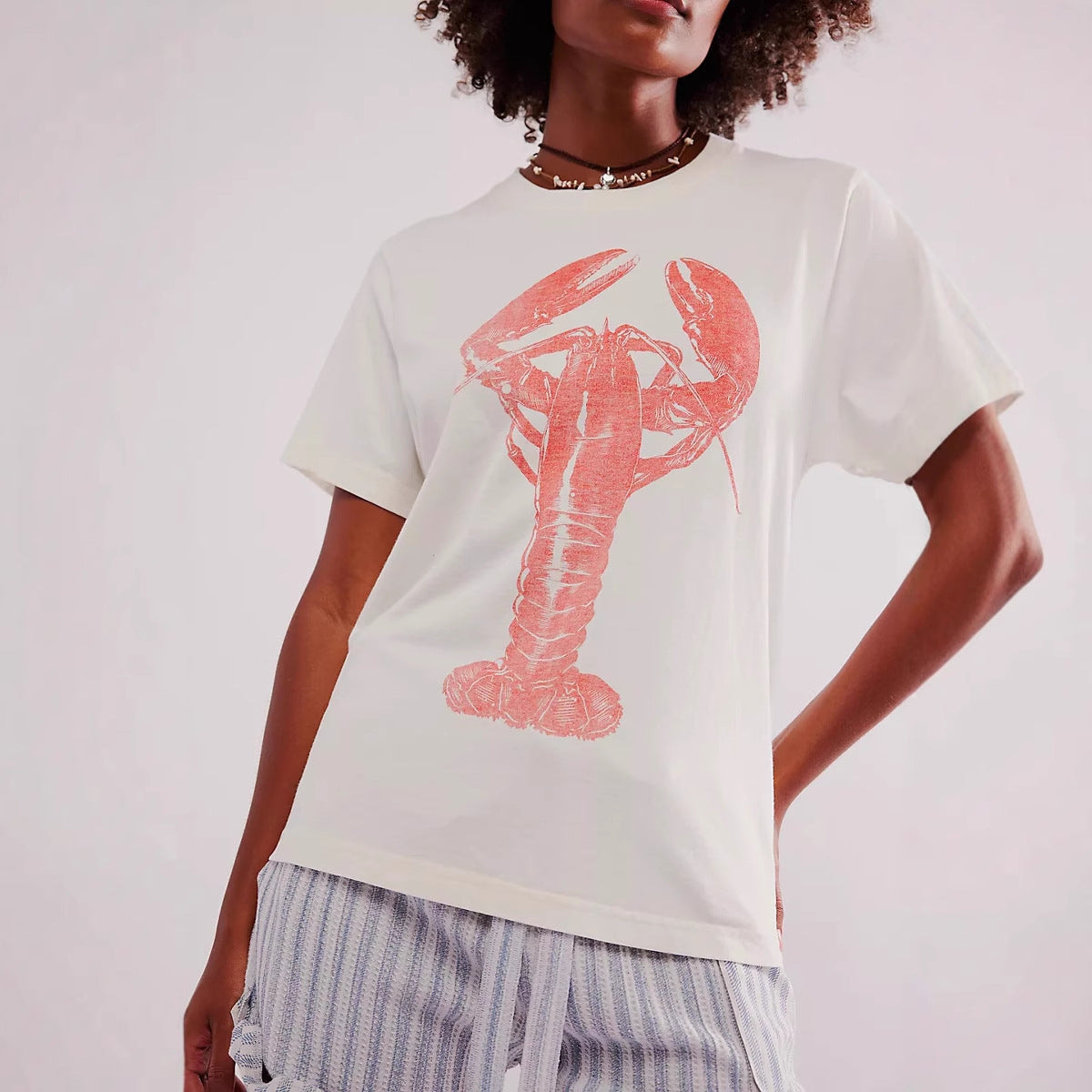 Short Sleeve Top Round Neck Printed White For Girls - Lobster / S