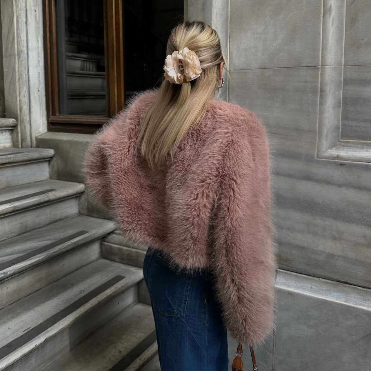 Polyester Imitation Fur Women’s Short Cardigan Coat