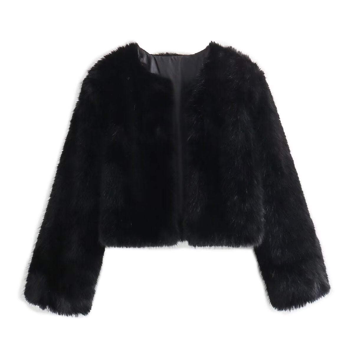 Polyester Imitation Fur Women’s Short Cardigan Coat - Black / XS