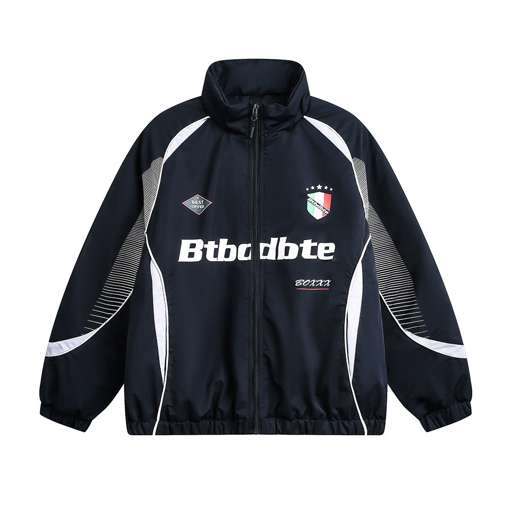 Splicing Gradient Letter Cotton Padded Loose Stand Collar Jacket - Navy Blue / M