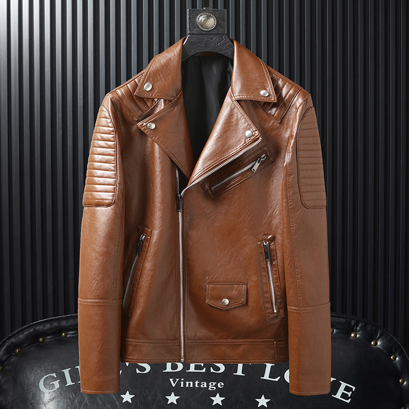 Spring And Autumn Slim-fitting Biker Leather Jacket - Khaki / M