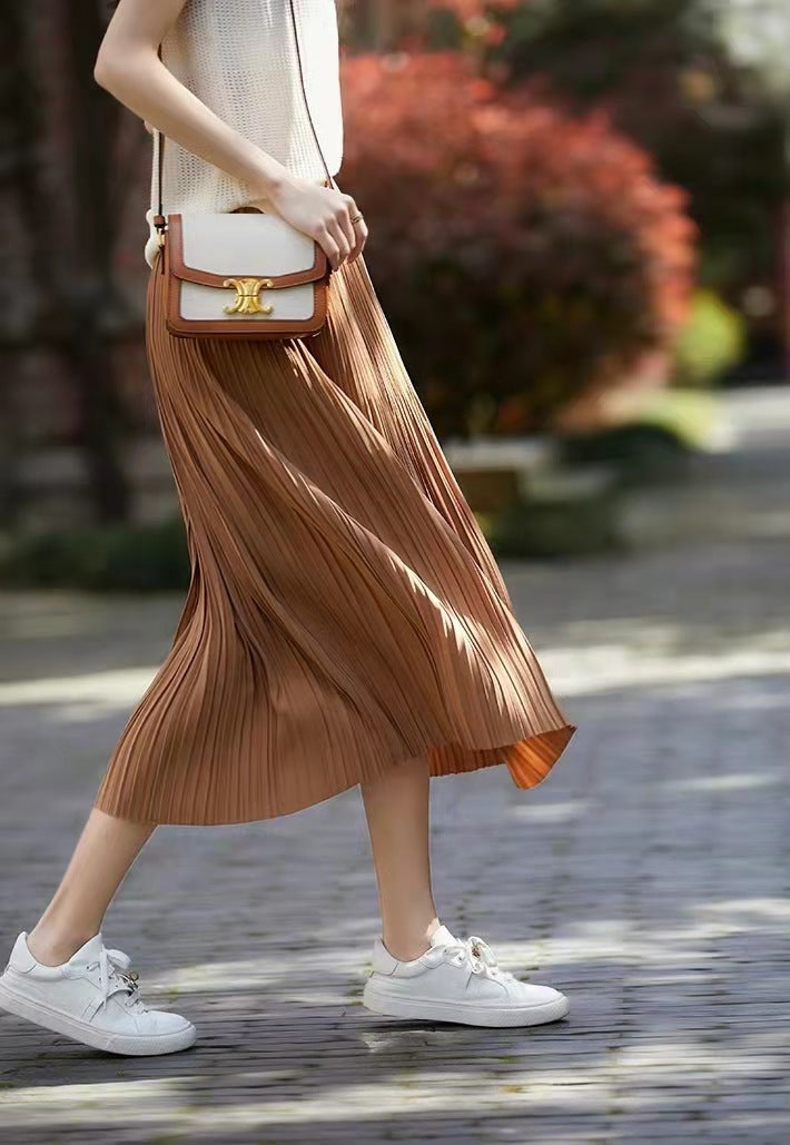 Spring And Summer New Exquisite Artistic Pleated Fairy Pleated Skirt - Camel / S