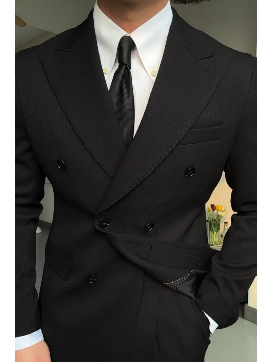 Spring Double Breasted Closure Collar Suit - Black Suit / M