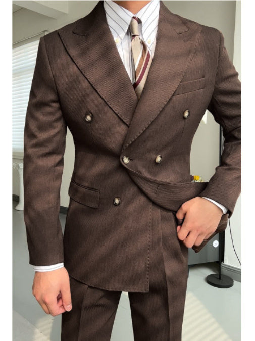 Spring Double Breasted Closure Collar Suit - Dark brown suit / 2XL