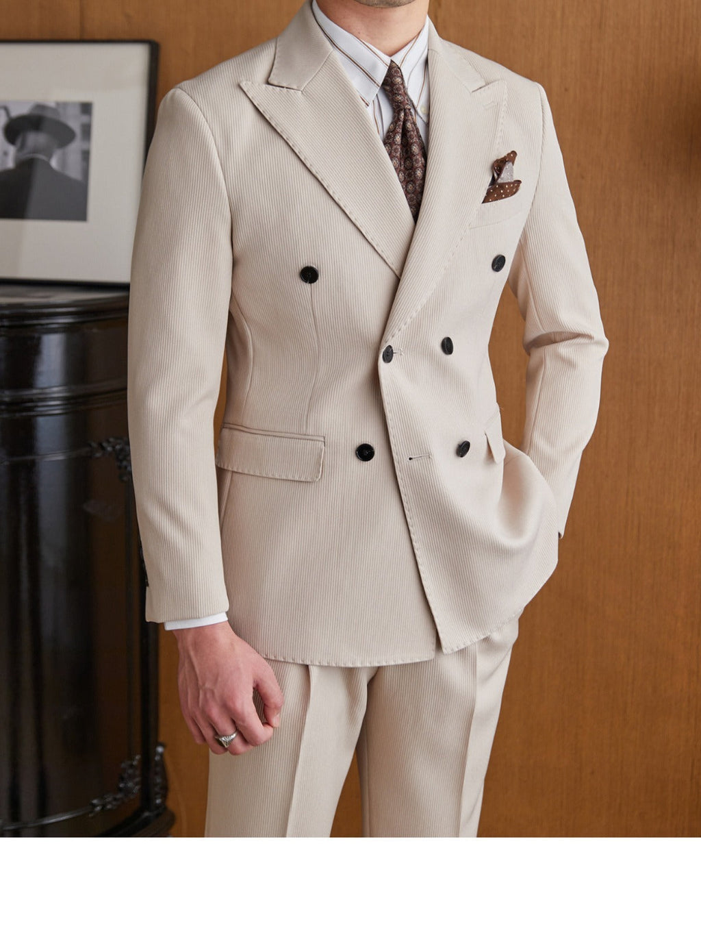 Spring Double Breasted Closure Collar Suit - Khaki Suit / M