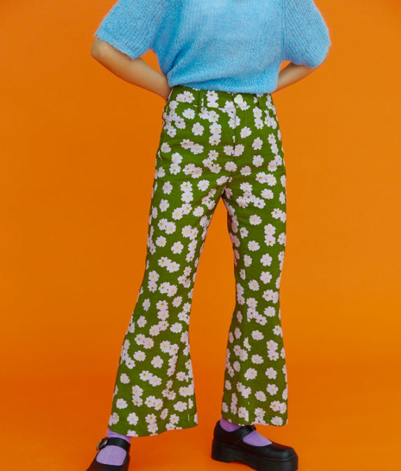 Spring flower print slim high waist retro flared pants