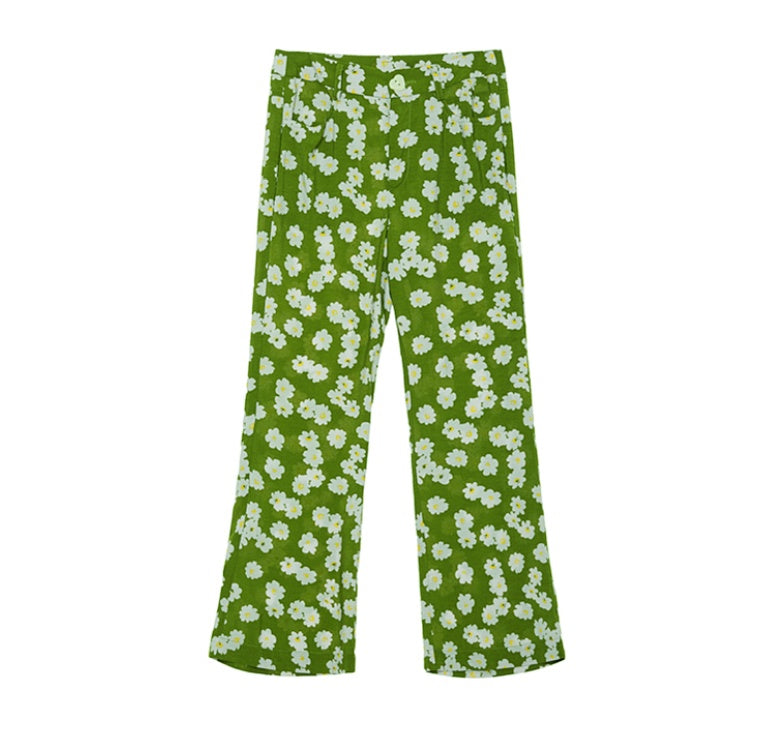 Spring flower print slim high waist retro flared pants