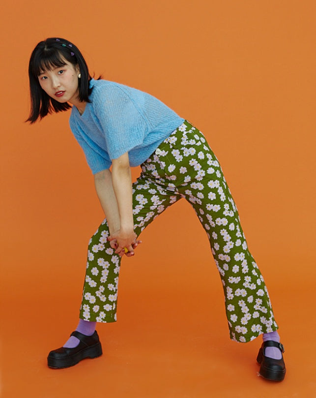 Spring flower print slim high waist retro flared pants