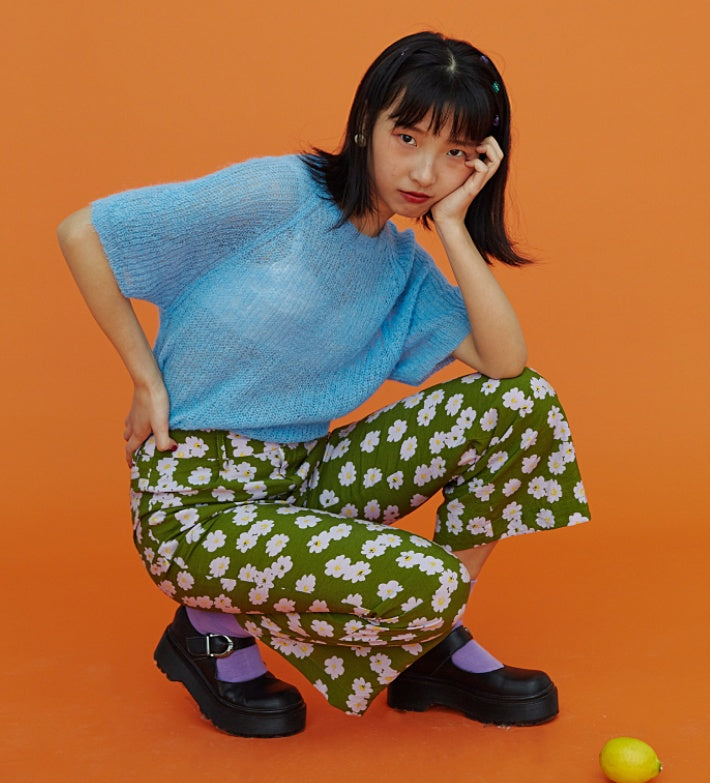 Spring flower print slim high waist retro flared pants