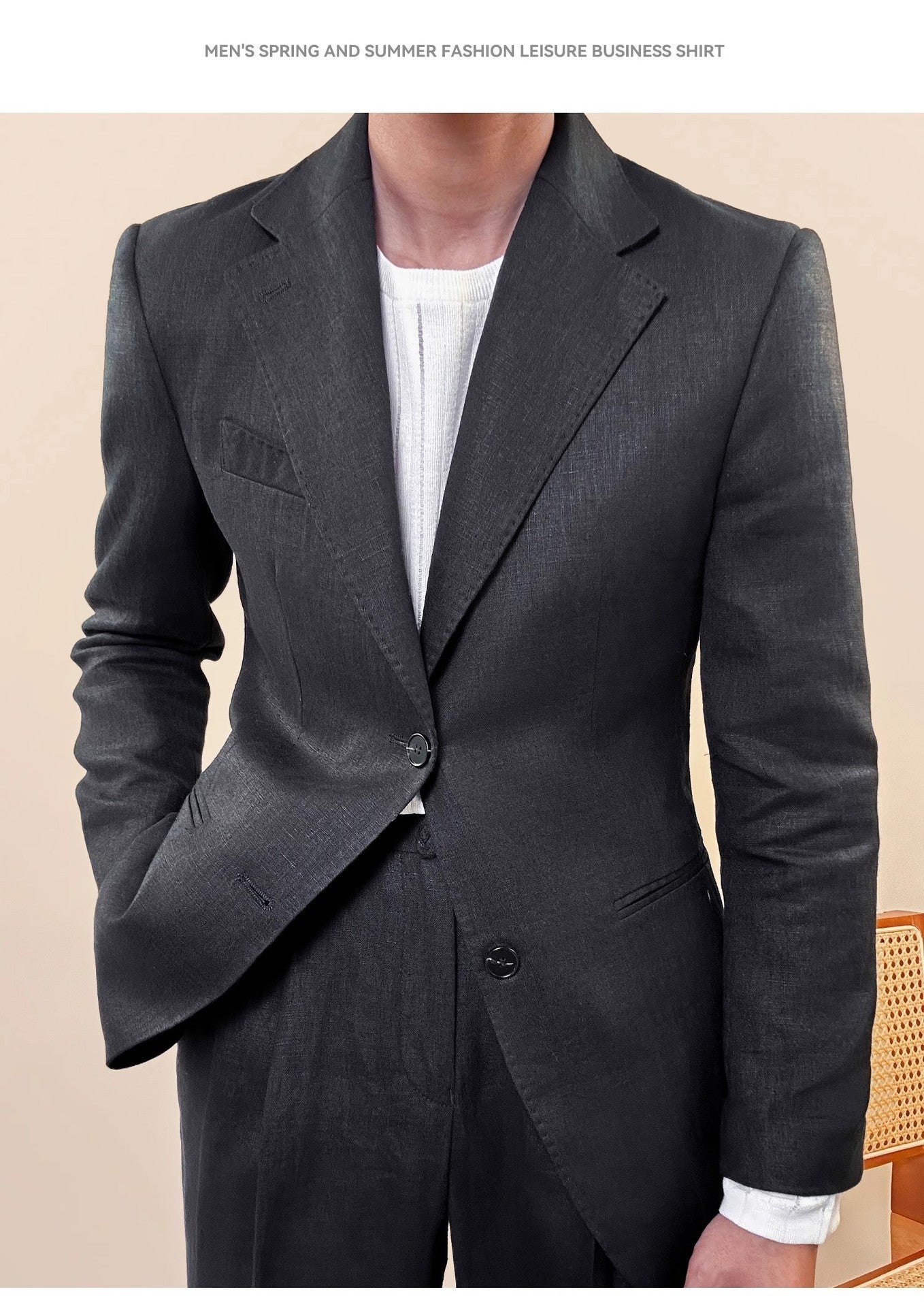 Spring Pure Linen Suit Suit Men’s Solid Color - Black / M