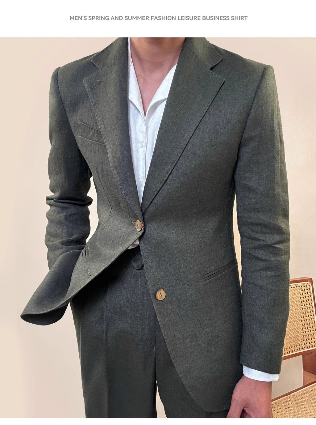 Spring Pure Linen Suit Suit Men’s Solid Color - Green / M