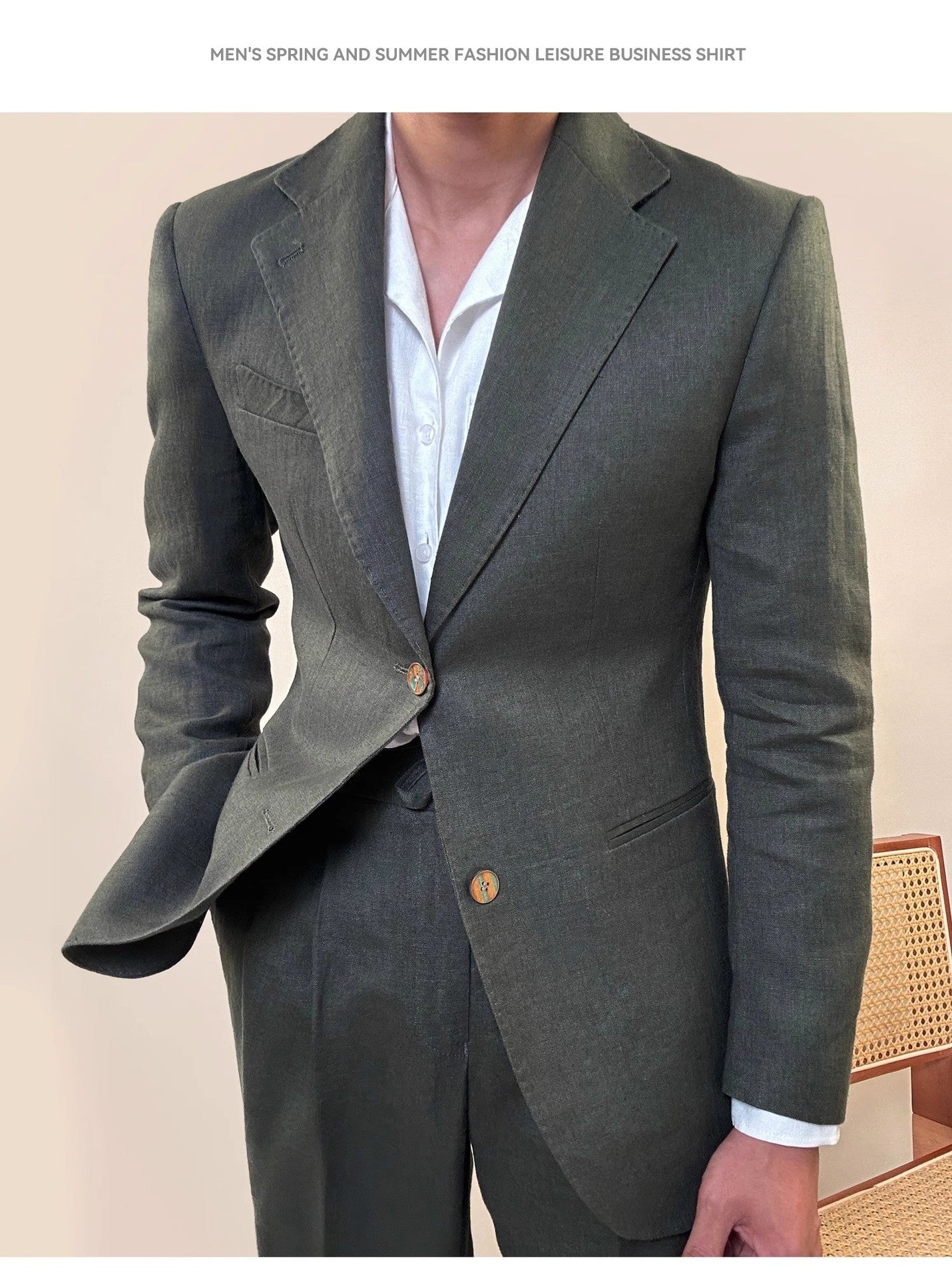 Spring Pure Linen Suit Suit Men’s Solid Color - Green / M