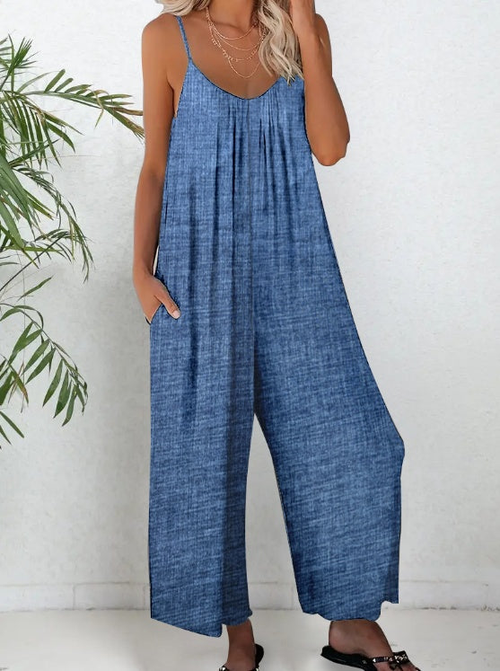 Women’s V-neck Solid Color Casual Jumpsuit - Blue / S - 5