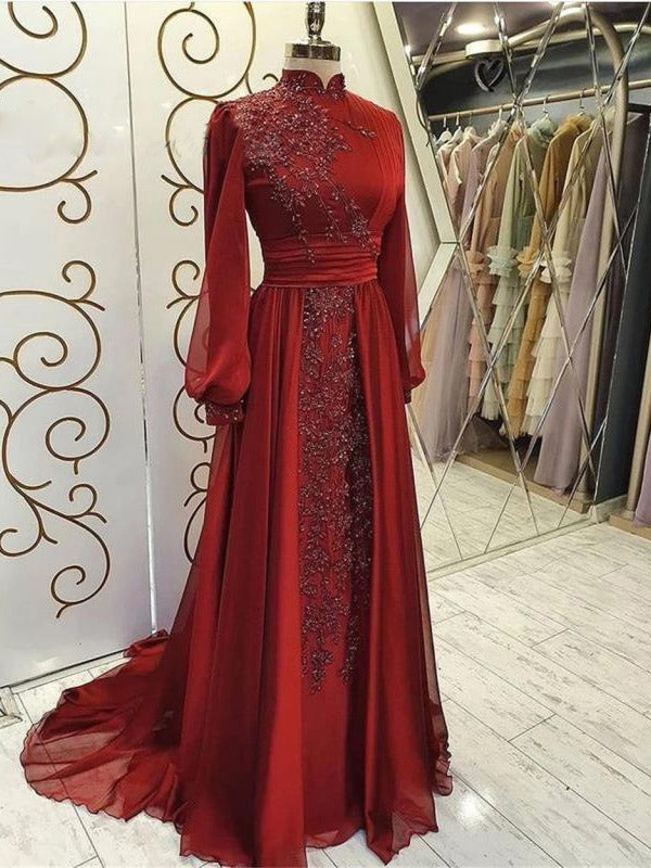 Stand Collar Luxury Long Sleeve Evening Dress - Picture Color / US2