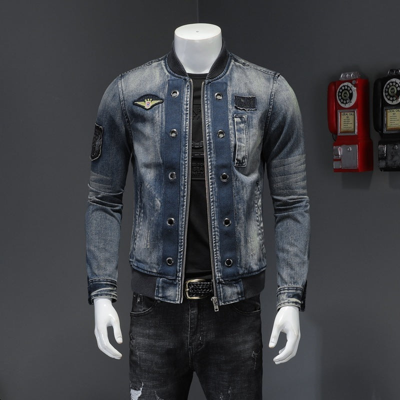 Stand-up Collar Men’s Flight Suit Denim Jacket Men’s Jacket - Blue / M