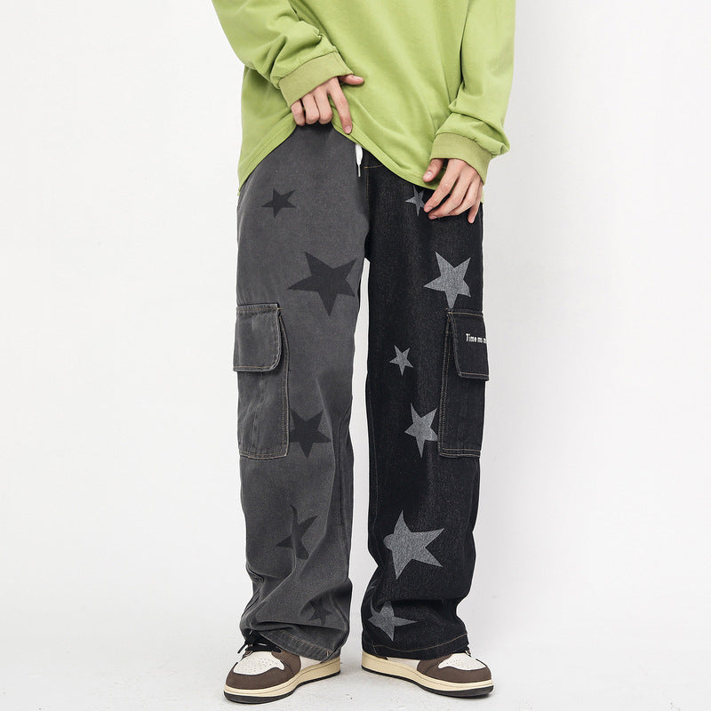 Star Print Two-Tone Multi Pockets Jeans Hip Hop Casual Trousers - Black / M