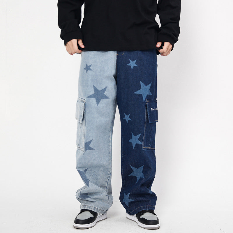 Star Print Two-Tone Multi Pockets Jeans Hip Hop Casual Trousers - Blue / L