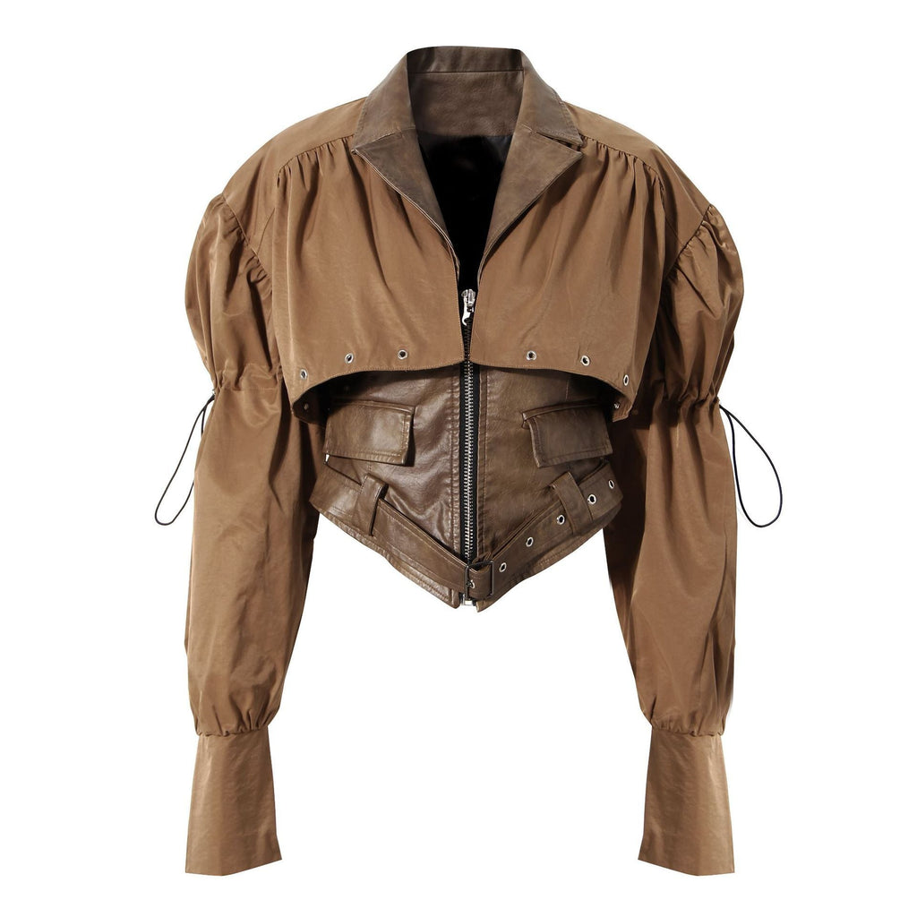 Niche Design Two-piece Coat Cape Stitching PU Handsome Waist-tight Jacket - Coffee / S