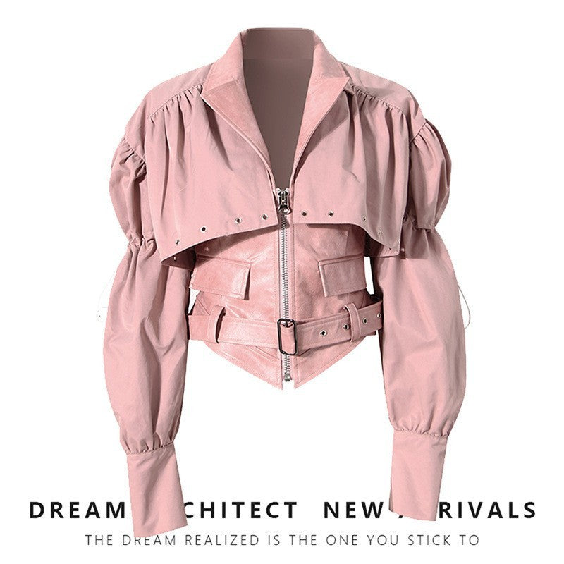 Niche Design Two-piece Coat Cape Stitching PU Handsome Waist-tight Jacket - Pink / S