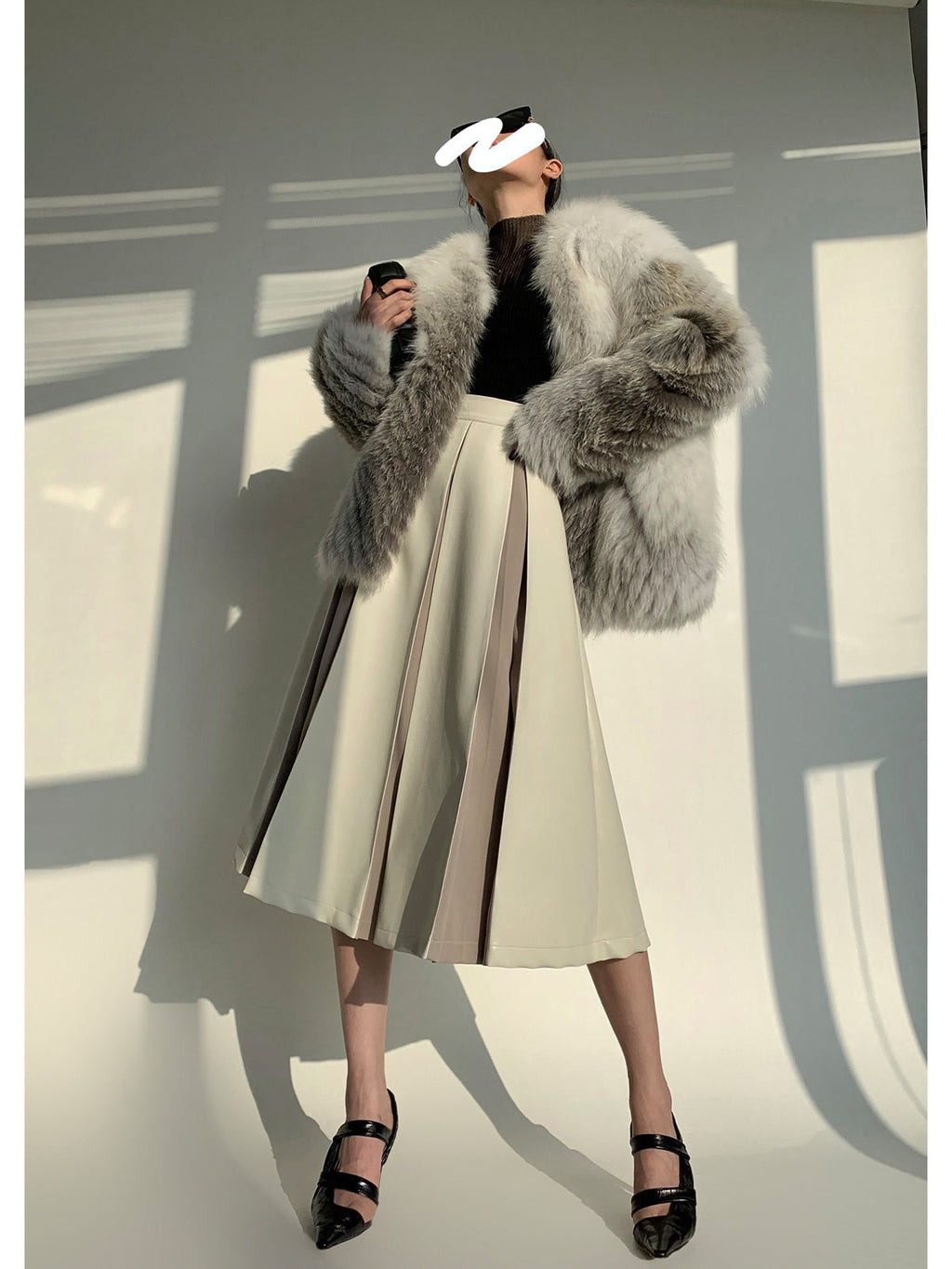 Stitching Pleated Skirt Women’s PU Leather Autumn And Winter