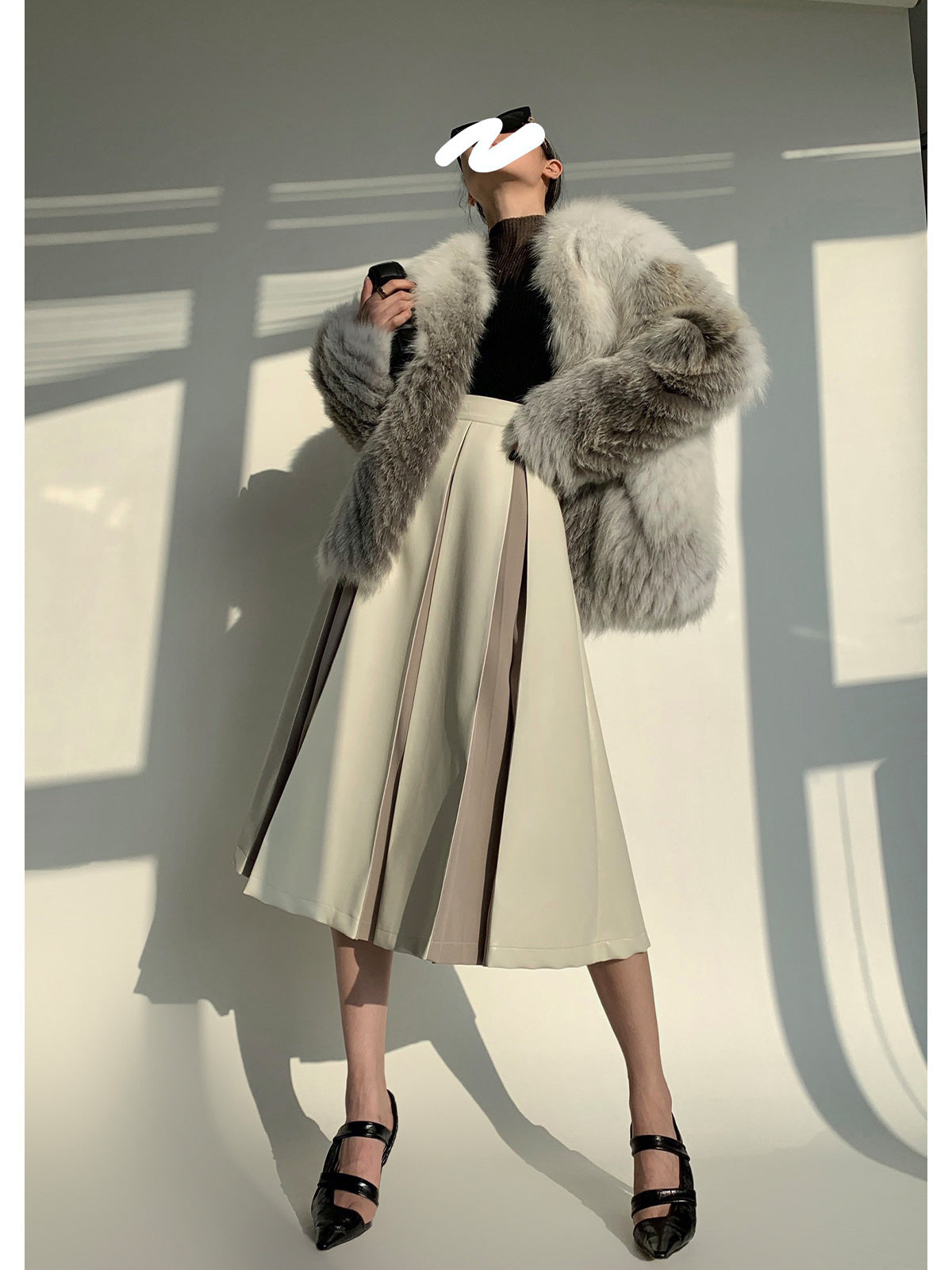 Stitching Pleated Skirt Women’s PU Leather Autumn And Winter