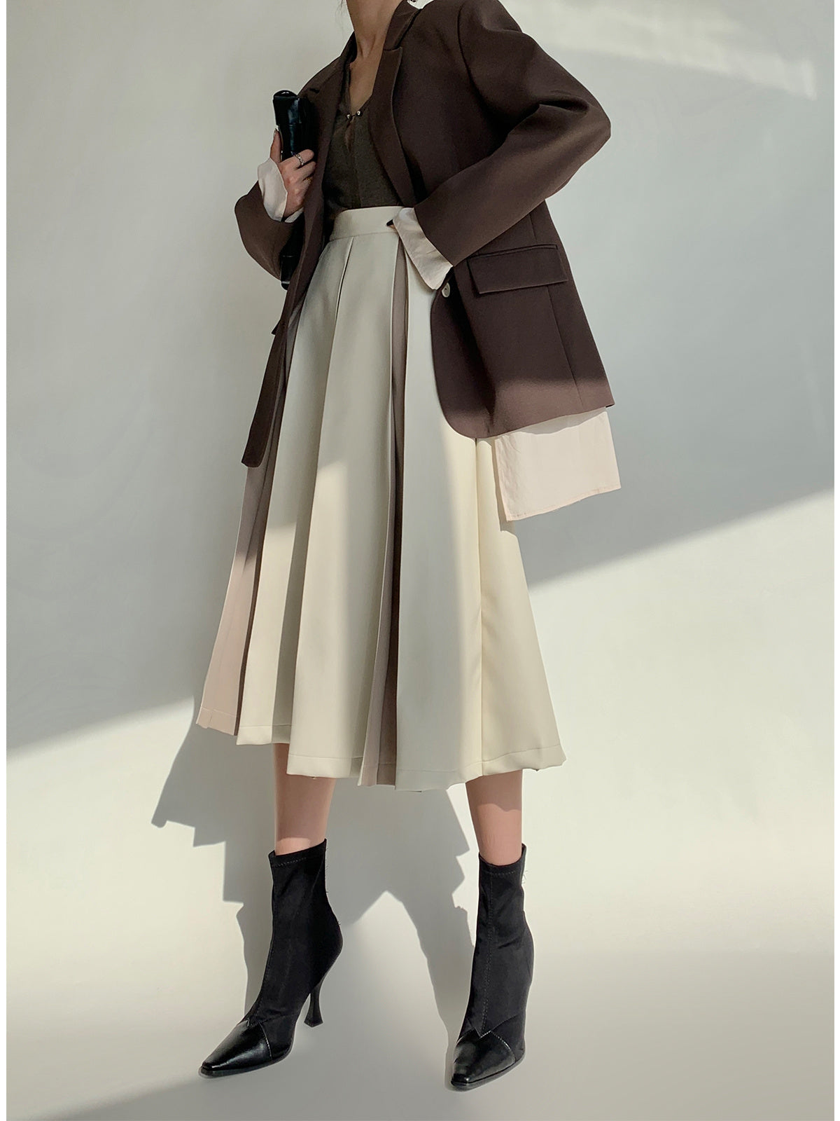 Stitching Pleated Skirt Women’s PU Leather Autumn And Winter