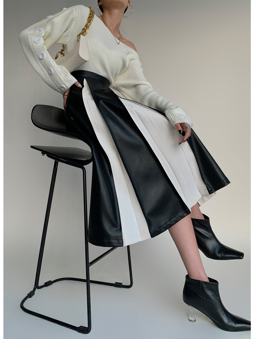 Stitching Pleated Skirt Women’s PU Leather Autumn And Winter - Black / S