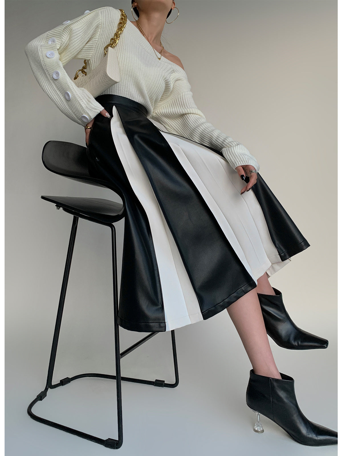 Stitching Pleated Skirt Women’s PU Leather Autumn And Winter - Black / S