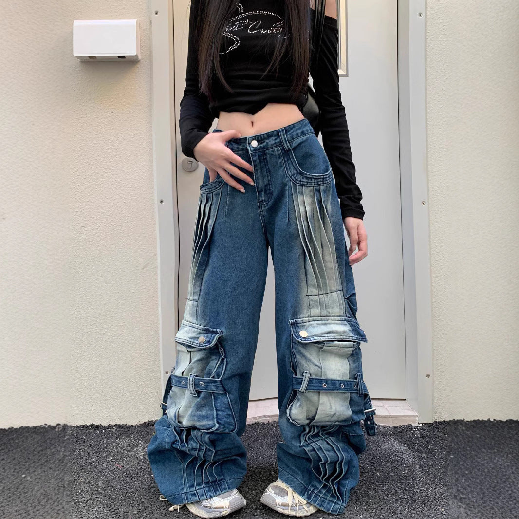 Straight Loose Washed-out Deconstruction Design Cargo Jeans Female