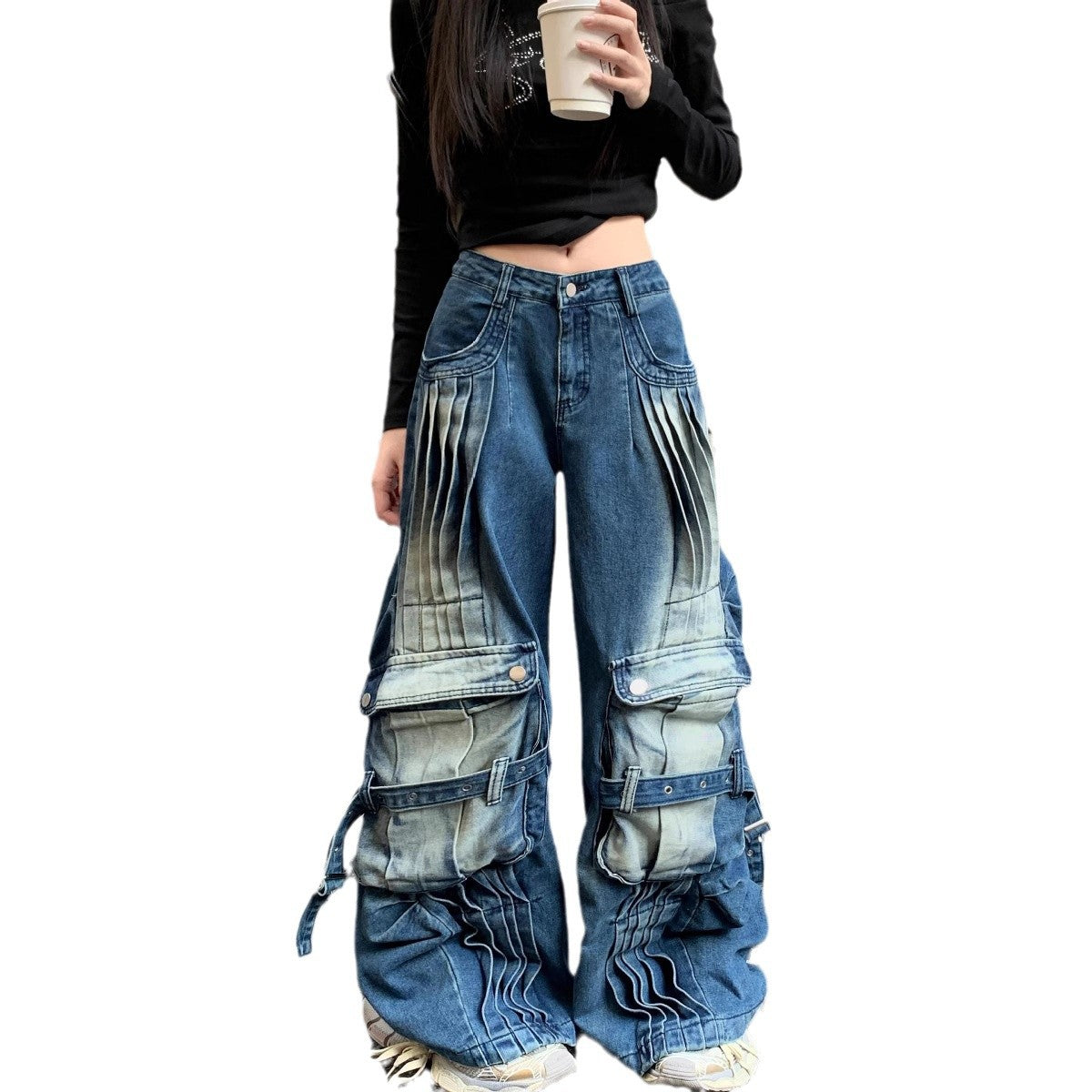 Straight Loose Washed-out Deconstruction Design Cargo Jeans Female