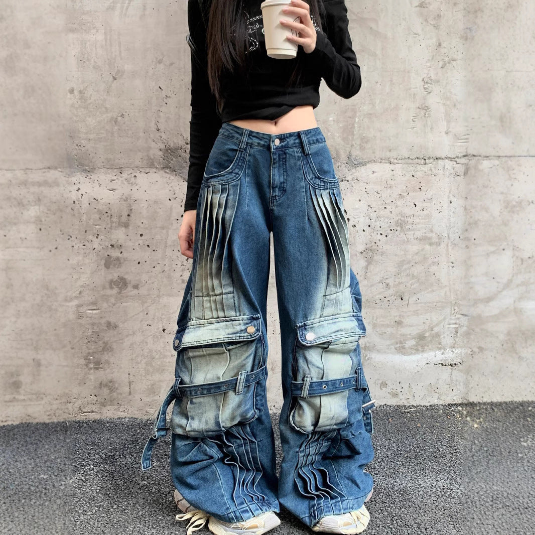 Straight Loose Washed-out Deconstruction Design Cargo Jeans Female