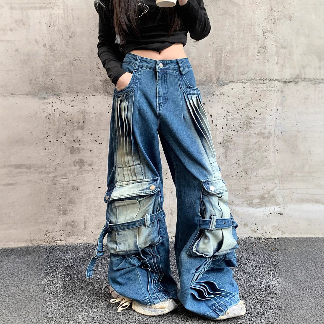 Straight Loose Washed-out Deconstruction Design Cargo Jeans Female