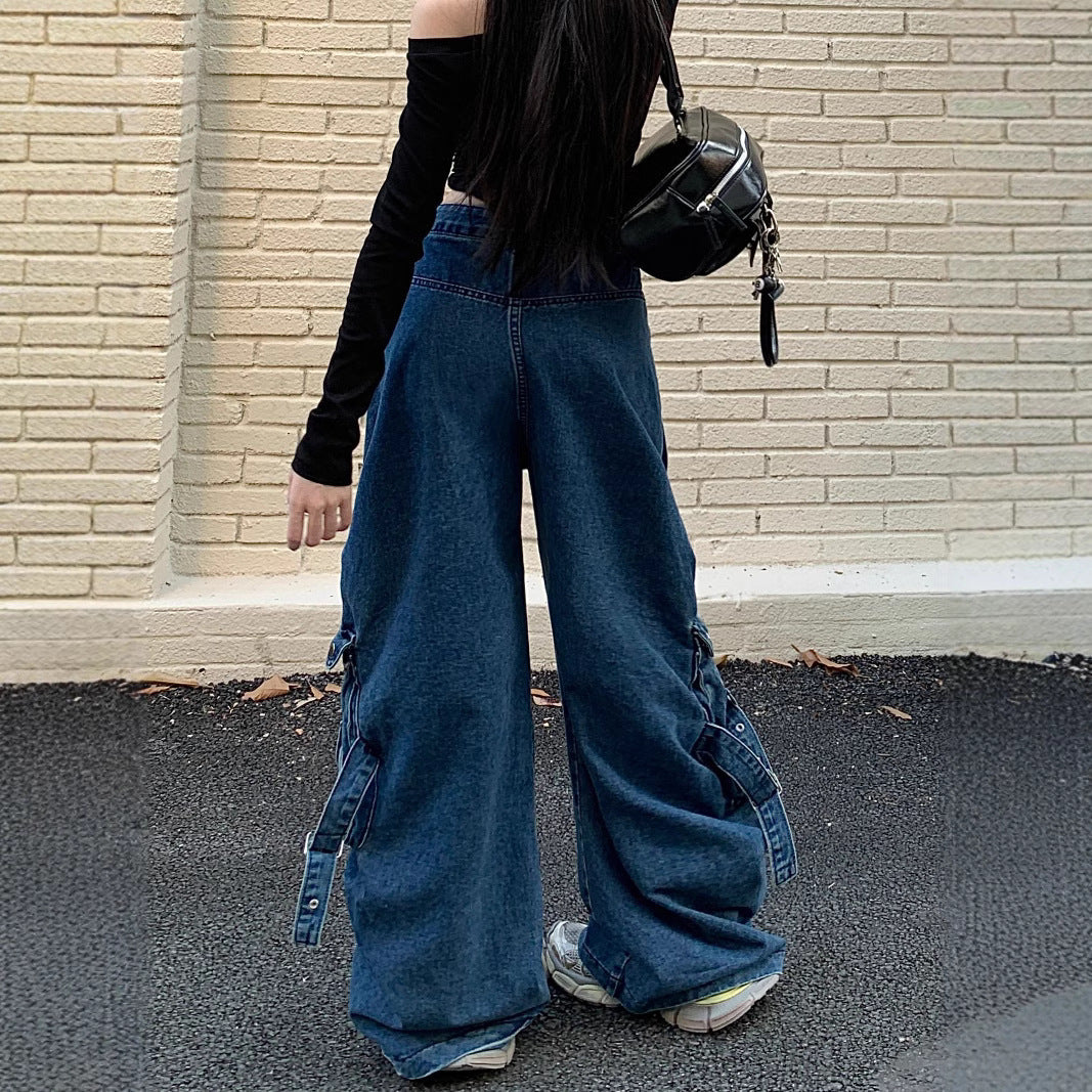 Straight Loose Washed-out Deconstruction Design Cargo Jeans Female
