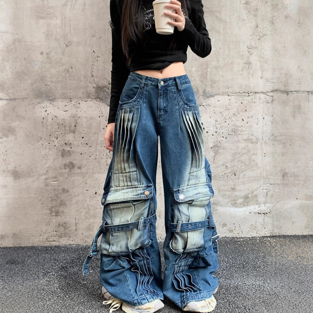 Straight Loose Washed-out Deconstruction Design Cargo Jeans Female - Blue / S