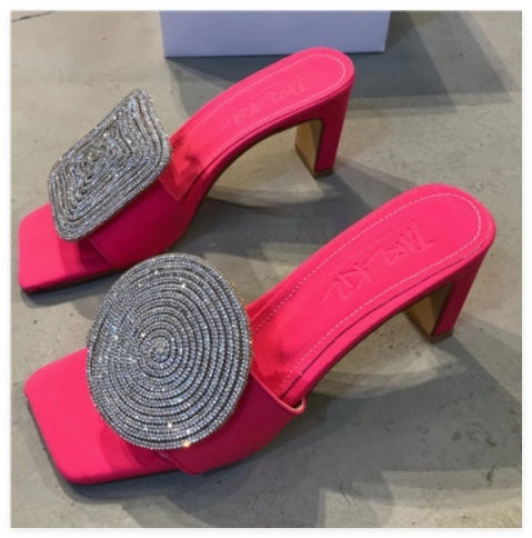 Straw Woven Linen Genuine Leather Straight Drag Worn With Thick Heels Sandals Square Round Rhinestones - Pink / 35