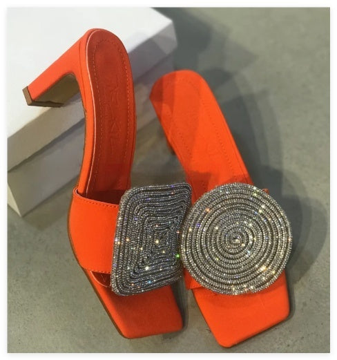 Straw Woven Linen Genuine Leather Straight Drag Worn With Thick Heels Sandals Square Round Rhinestones - Orange / 35