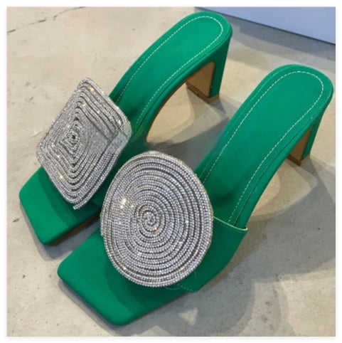 Straw Woven Linen Genuine Leather Straight Drag Worn With Thick Heels Sandals Square Round Rhinestones - Green / 35
