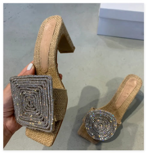 Straw Woven Linen Genuine Leather Straight Drag Worn With Thick Heels Sandals Square Round Rhinestones - Brown / 35