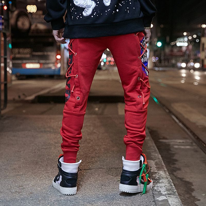 Men’s high street hip hop print wearing rope harem pants feet pants