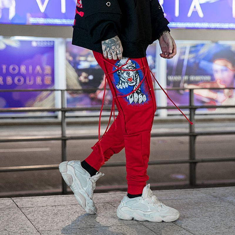 Men’s high street hip hop print wearing rope harem pants feet pants