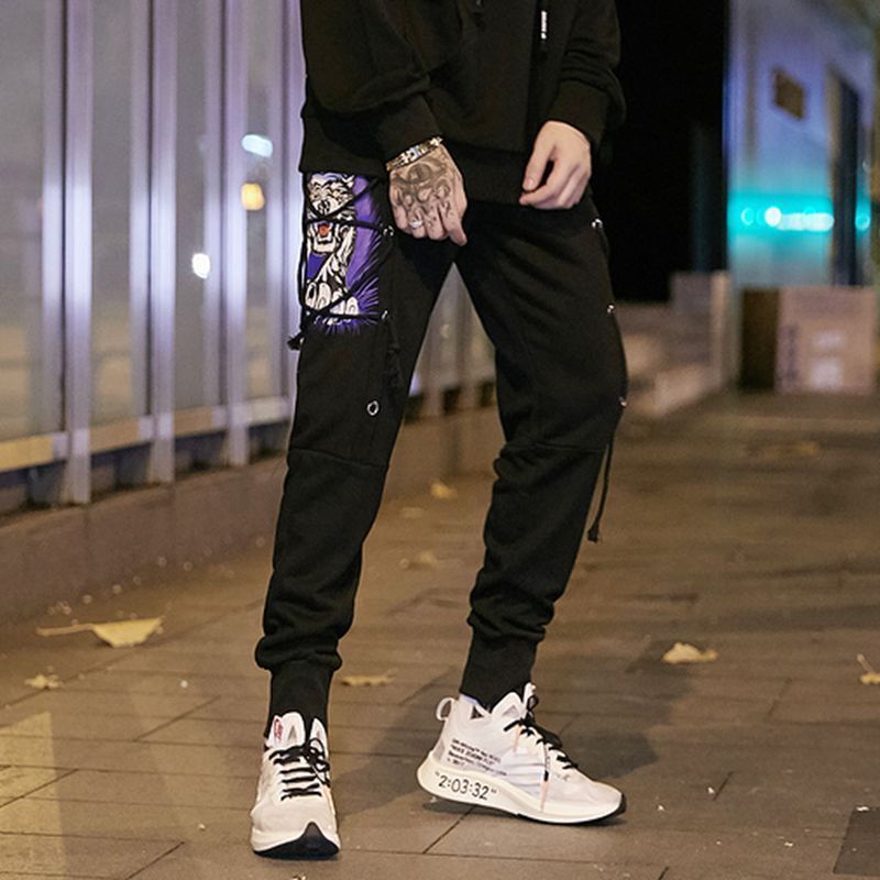 Men’s high street hip hop print wearing rope harem pants feet pants - black / XL