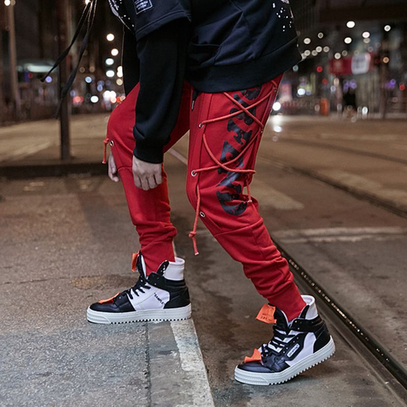 Men’s high street hip hop print wearing rope harem pants feet pants - gules / L