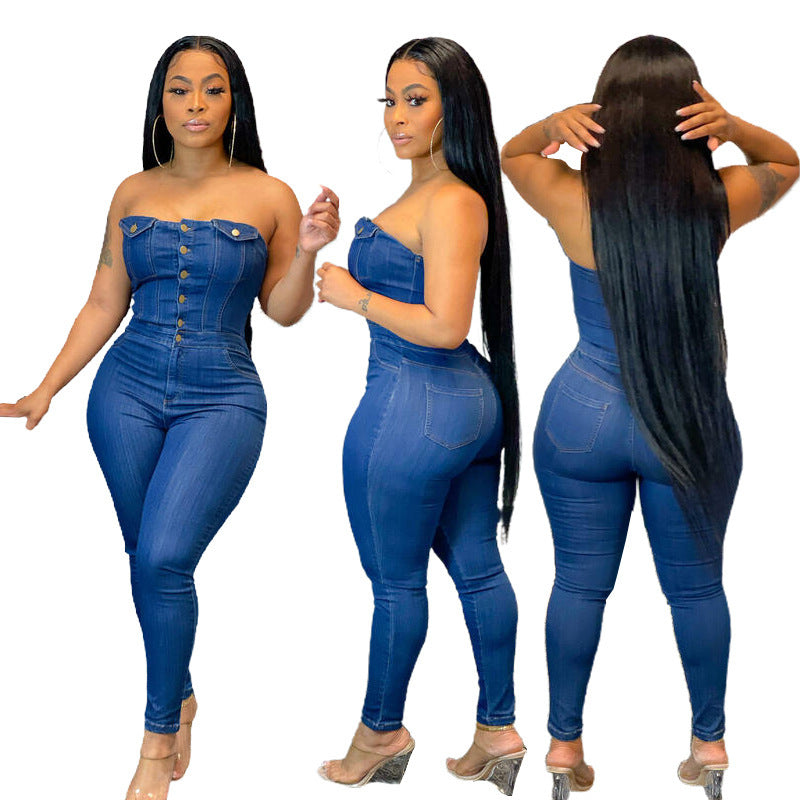 Tube Top Off-shoulder Slim Fit Denim Jumpsuit - S / Dark Blue